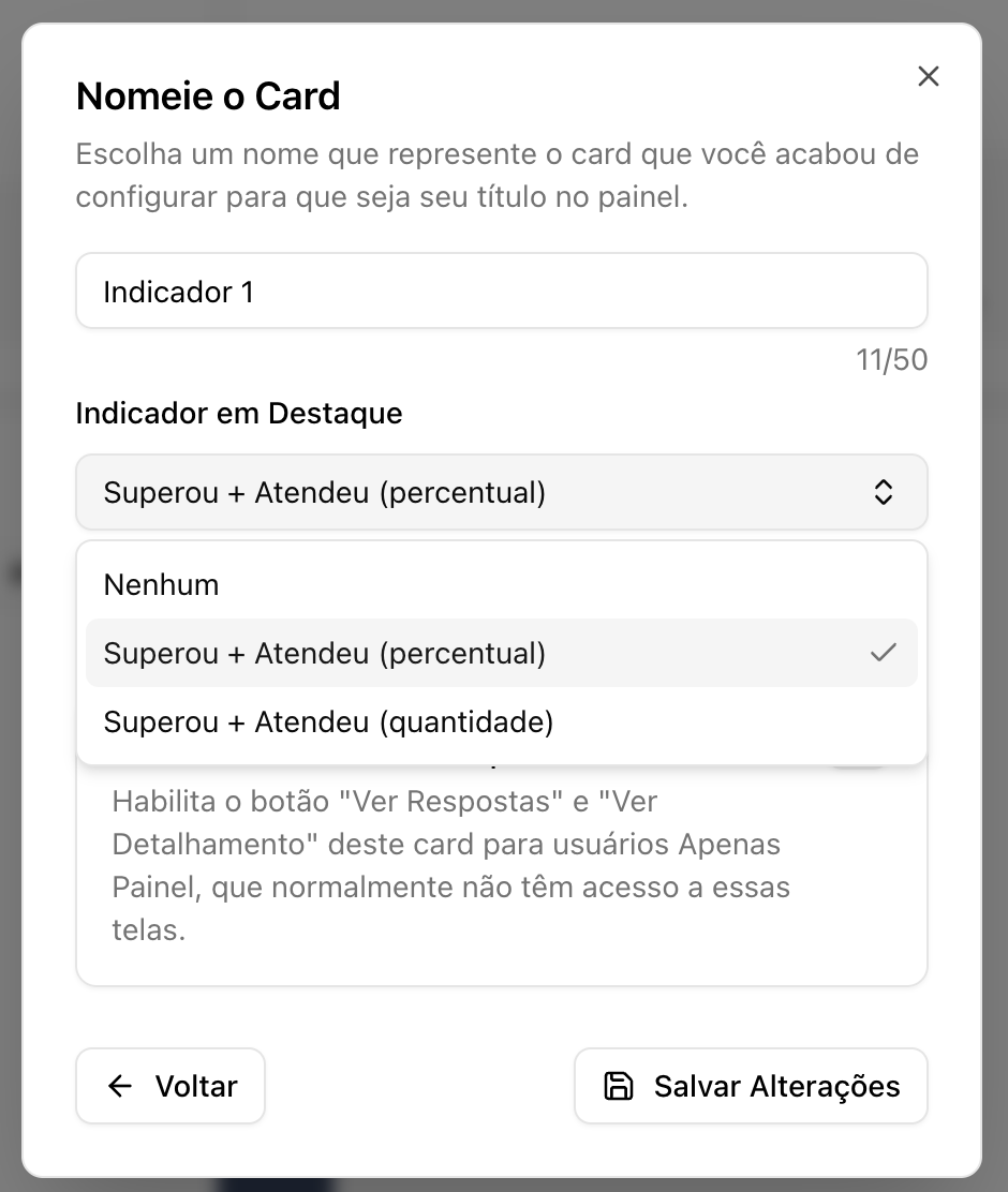 Passo Nomeie o Card com o campo Indicador em Destaque aberto, mostrando Nenhum e os indicadores da pergunta