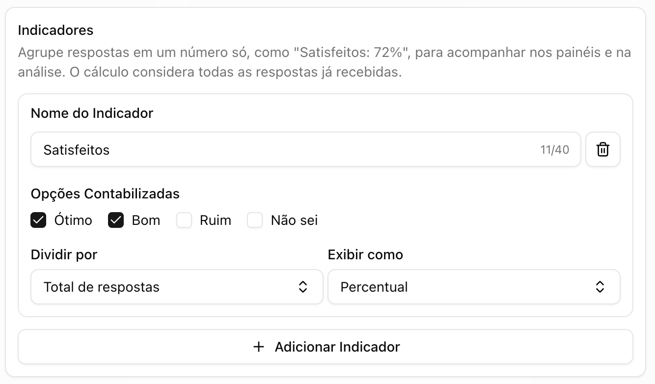Bloco Indicadores com o indicador Satisfeitos contando Ótimo e Bom, dividido pelo total de respostas e exibido em percentual
